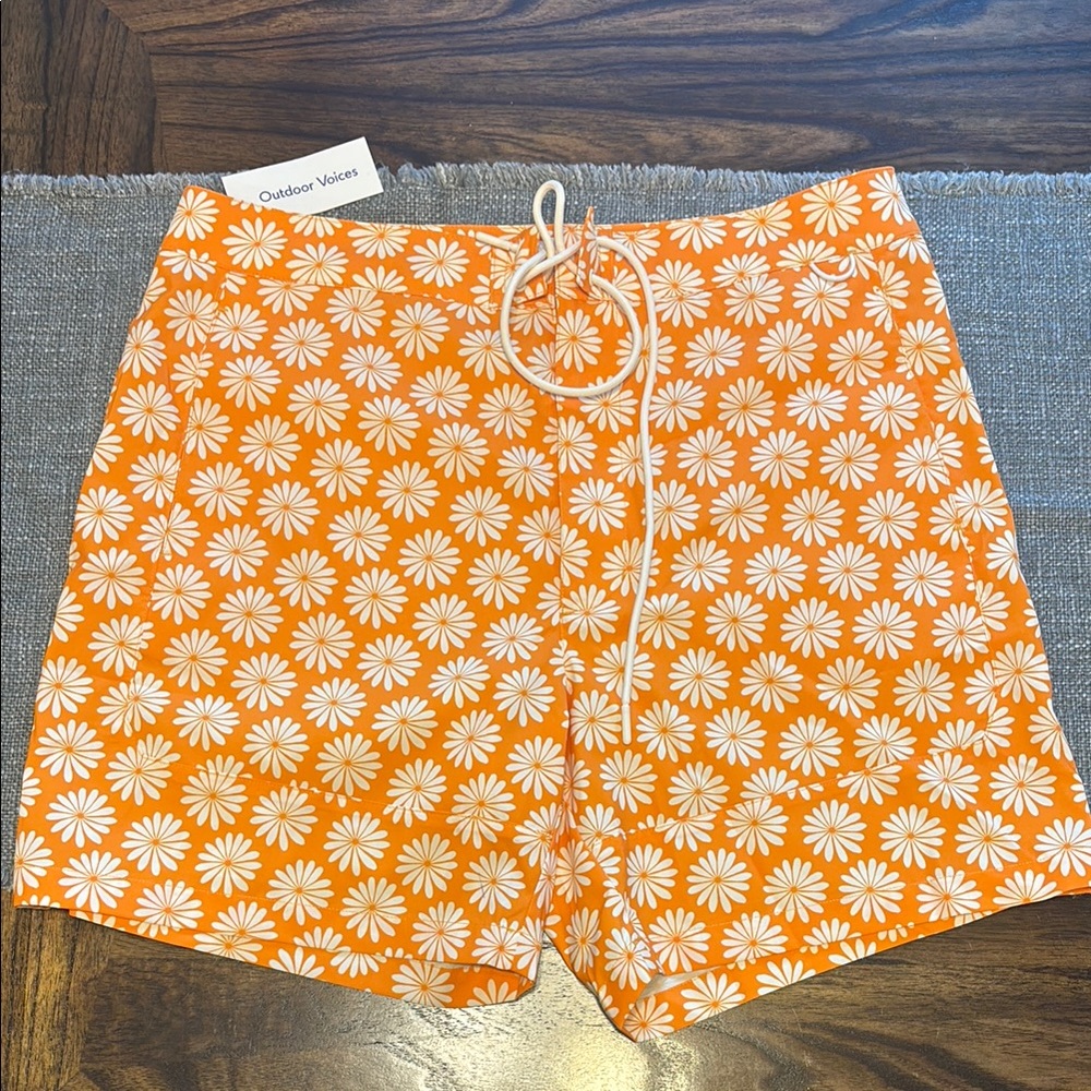 Outdoor Voices Orange and White Board Shorts with Retro Floral Design